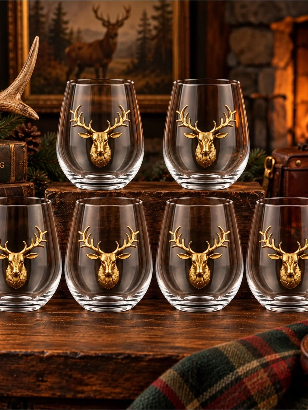 Vtg Gold Stag Stemless Barware Glasses Set of 6 – Lodge, Thanksgiving, Christmas